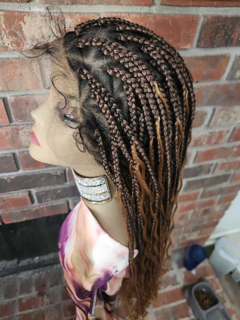 Hand-Braided Long Ombre Box Braids with Honey Blonde Highlights - Full Lace cap - Picture 3 of 7